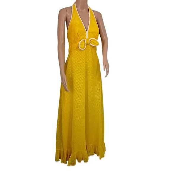 Vtg Maxi Dress Sz XS/S Hostess Halter Yellow White Polka Dot Sheer Overlay 70s - Picture 7 of 16